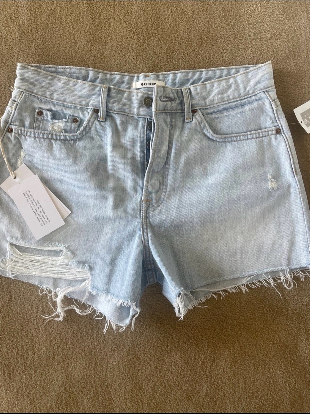 GRLFRND Light Blue Distressed High-Rise Denim Shorts
